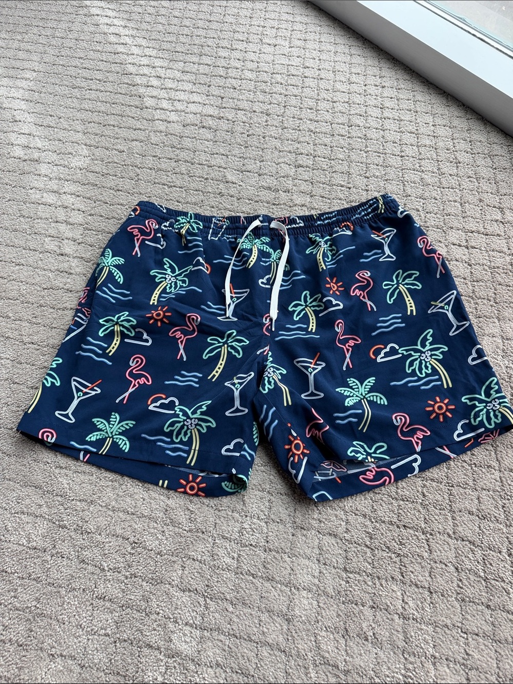 chubbies Navy Tropical Neon Palm & Flamingo Swim Trunks